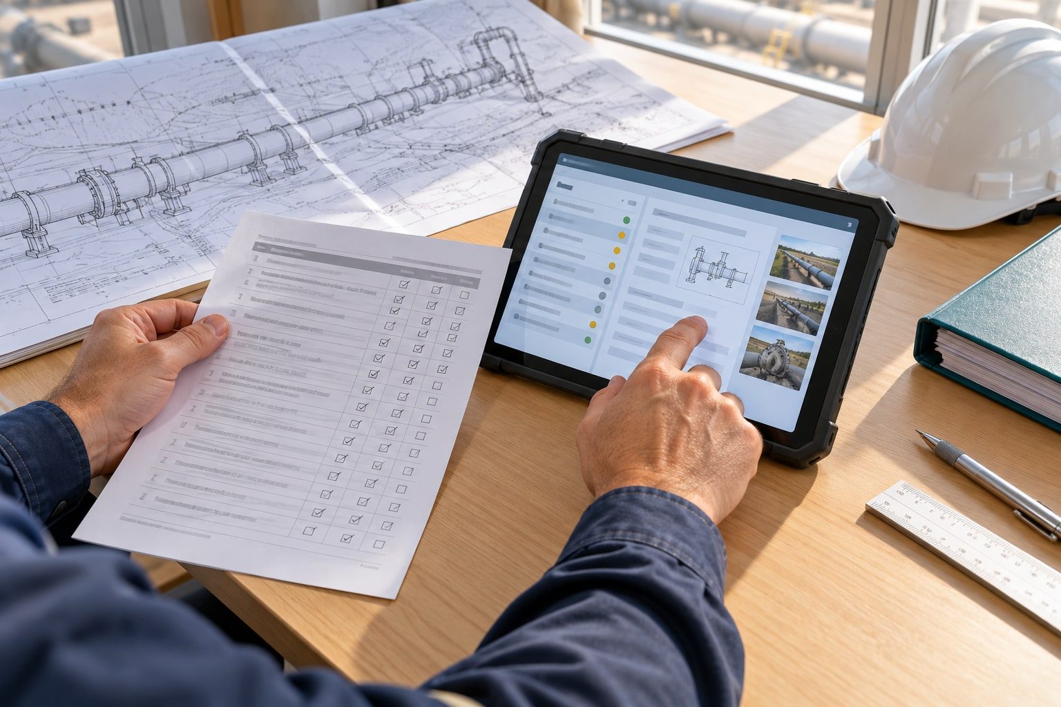 A tablet with a pipeline inspection checklist beside paper forms, drawings and a hard hat