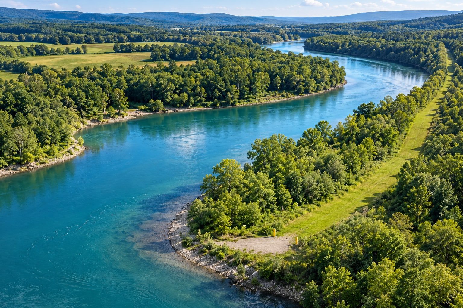A river winding through green forest where a pipeline crosses